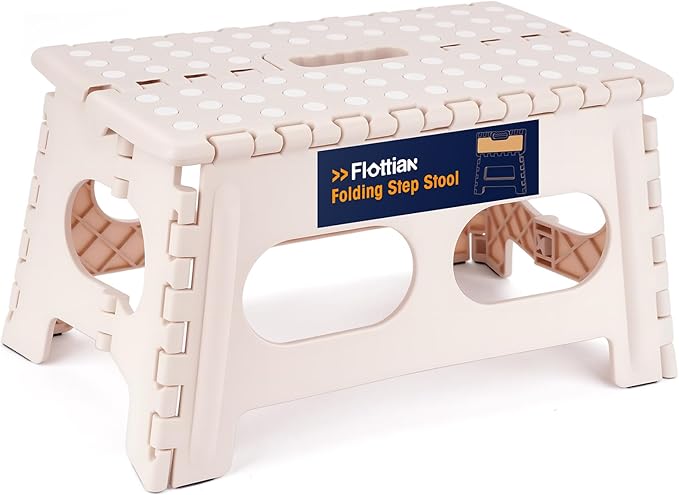 Flottian 9" Folding Step Stool for Adults and Kids 15-Inch Extra Wide Stool Holds Up to 300 lbs,Non-Slip Folding Stools with Handle,Compact Plastic Foldable Step Stool for Bathroom,Kitchen,ect,Khaki