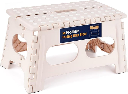 Flottian 9" Folding Step Stool for Adults and Kids 15-Inch Extra Wide Stool Holds Up to 300 lbs,Non-Slip Folding Stools with Handle,Compact Plastic Foldable Step Stool for Bathroom,Kitchen,ect,Khaki