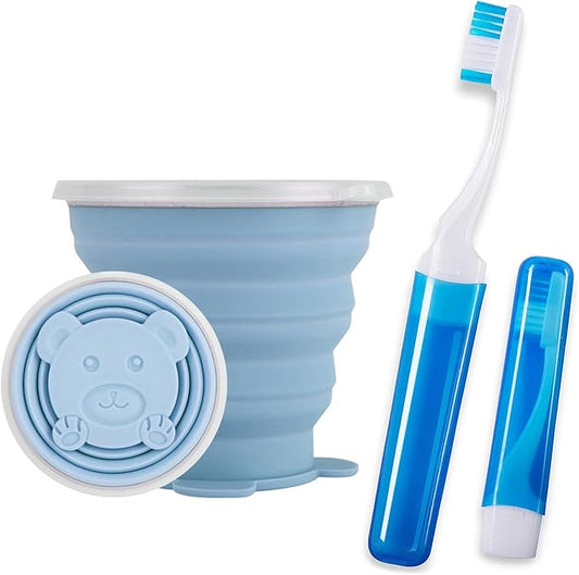 Toothbrush Travel Case, Travel Toothbrush Silicone Collapsible Toothbrush Cup, Travel Toothbrush Set Suitable for Business Camping Travel or Daily Use (Blue)