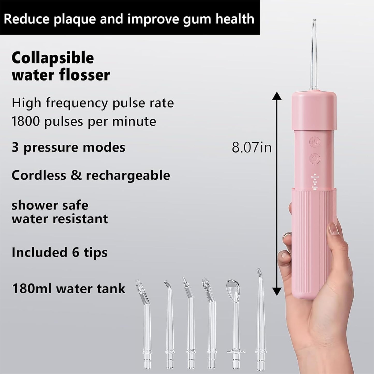 Portable Mini Water Flosser, Oral Irrigator Water Teeth Cleaner Pick with Telescopic Water Tank,3 Modes & IPX7 Waterproof, Home & Travel (Pink)