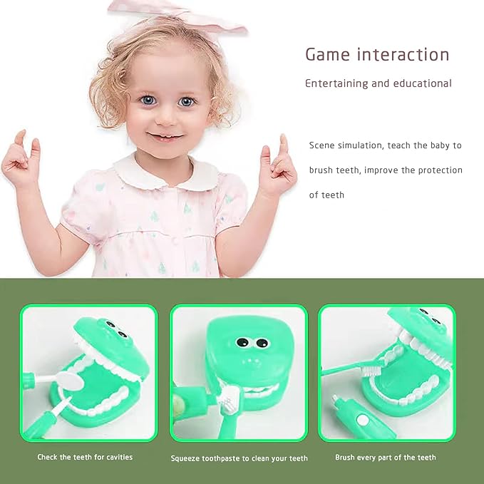 Dental Early Education Brushing Toys, YOUYA DENTAL 9Pcs/Set Children Role Play Toys Crocodile Early Education Cartoon Tooth Brushing Model Preschool Education Toy Dentist Game for Kids Classroom GREEN
