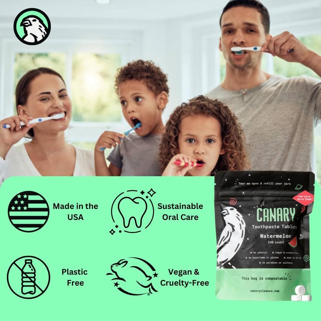 Canary Nano Hydroxyapatite Toothpaste Tablets Watermelon- Remineralizing, Fluoride Free, All Natural Tabs with Xylitol - Great for Kids, Plastic Free - 189 Count