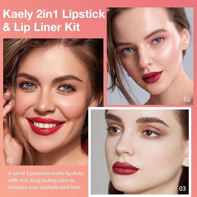 evpct 3Pcs Ruby Dark Wine Red Gradient Matte Lipstick Lip Liner Crayon Combo Pencil Set for Women Long Lasting Waterproof, Cream Lip Liner and Lipstick Combo Makeup，Flawless Gradual Ombre Effect