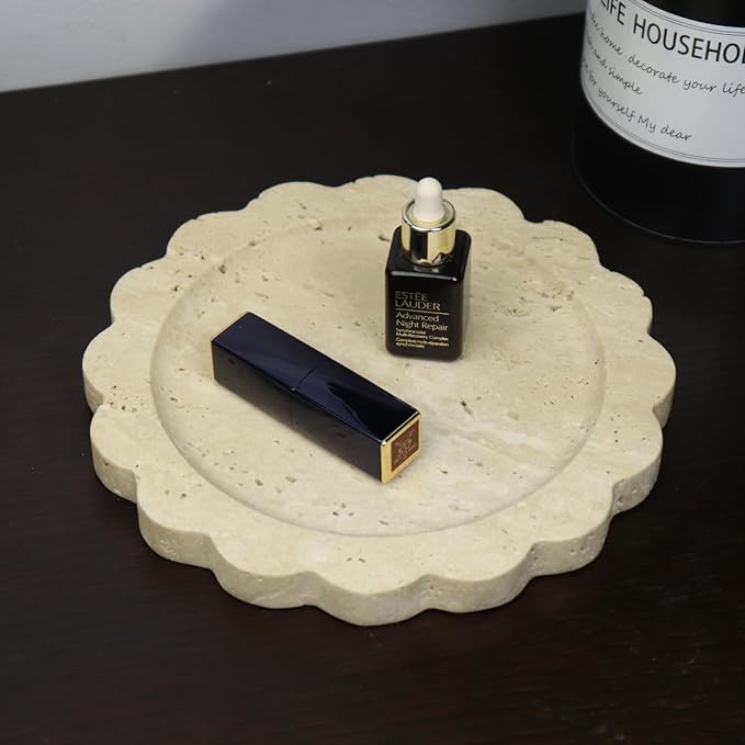 Round Marble Decorative Tray with Scalloped Edge, Luxury Natural Stone Bathroom Vanity Tray, Dresser Top Perfume Coffee Home Kitchen Sink Tray, Key Trinket Ring