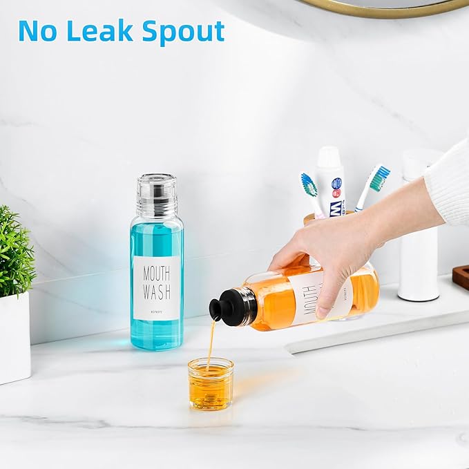 VITVITI Glass Mouthwash Dispenser for Bathroom, 10 OZ Mouth Wash Container Bottle with Lid Cup, Countertop Small Clear Refillable Mouthwash Dispensers Decanter, Set of 2 (Black)