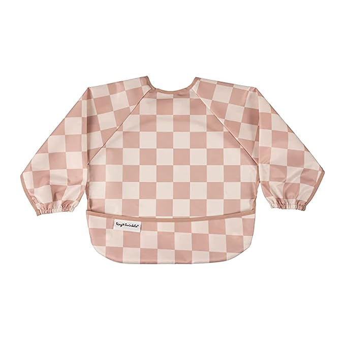 Tiny Twinkle Long Sleeve Bib for Babies & Toddlers – Waterproof Smock Bib for Eating – Machine Washable & Mess-Proof, Baby Feeding Essential & Shower Must-Have(Checkers Brown, 6–24M)