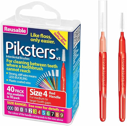 Piksters Interdental Brushes, 40 pk, Size 4, Interdental Tooth Brush for Medium Gaps, Gum Soft Bristles for Plaque Removal, Safe for Braces