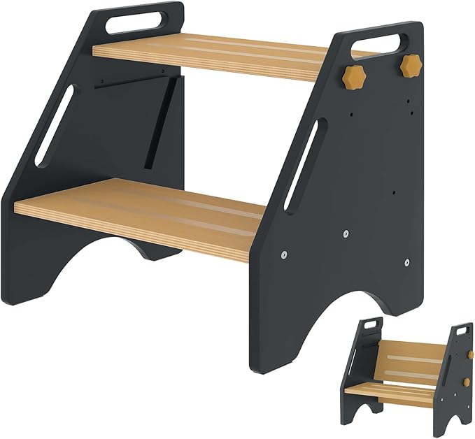 Toddler Step Stool, Wooden Height-Adjustable 2 Step Stool for Kids, 2 in 1 Potty Training Stool with Safety Handles Non-Slip Pads for Bathroom Sink, Kitchen, Bedroom (Grey)