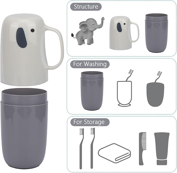 Toothbrush Travel Case, Removable and Portable Toothbrush Holder Cup, Use for Travel, Hiking,Camping, School, Bathroom, Cute and Playful Elephant Styling for Kids and Teens (White)