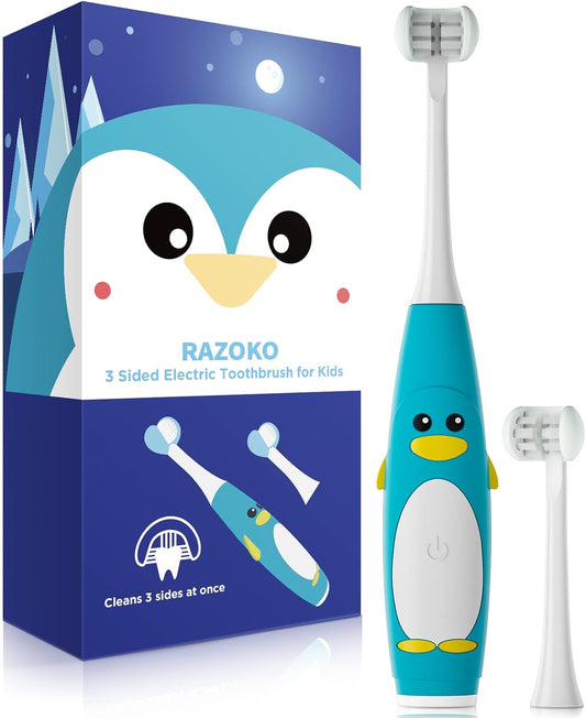RAZOKO Kids Electric Toothbrush 3 Sided Toothbrush,Sonic Toddler Toothbrush with 2 Brush Heads, Intelligent Timer 5 Gears Adjustment,Ipx7 Waterproof,USB Cable