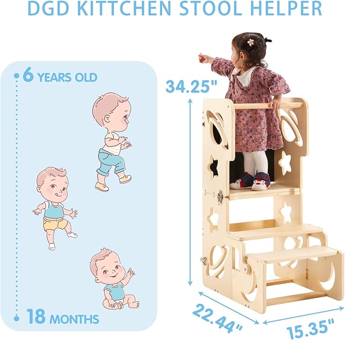 Toddler Tower, Toddler Stool for Kitchen, Kids Learning Wooden Tower, Foldable Weaning Table with Kids Step Stool, Montessori Standing Tower for Bathroom and Kitchen Counter