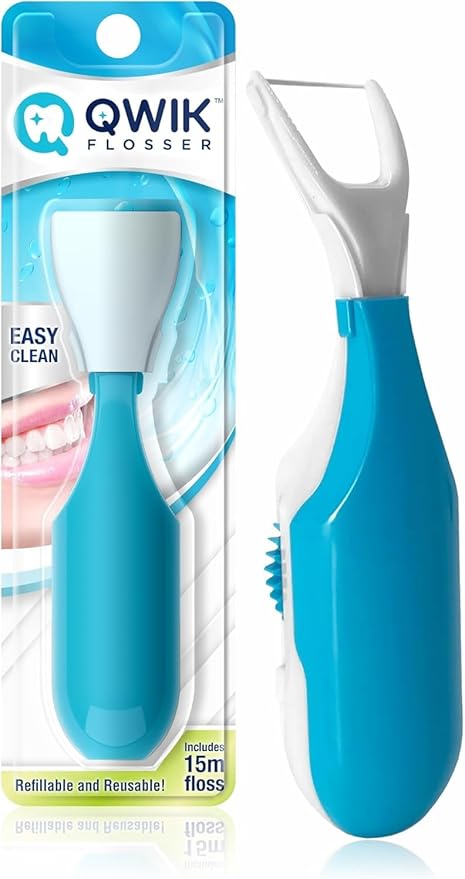 QWIK Automatic Dental Flosser | Click-to-Use, Reusable & Refillable | Pre-Loaded Floss with Travel Cover | Easy Flossing for Plaque Removal, Clean Teeth & Fresh Breath (Light Blue)