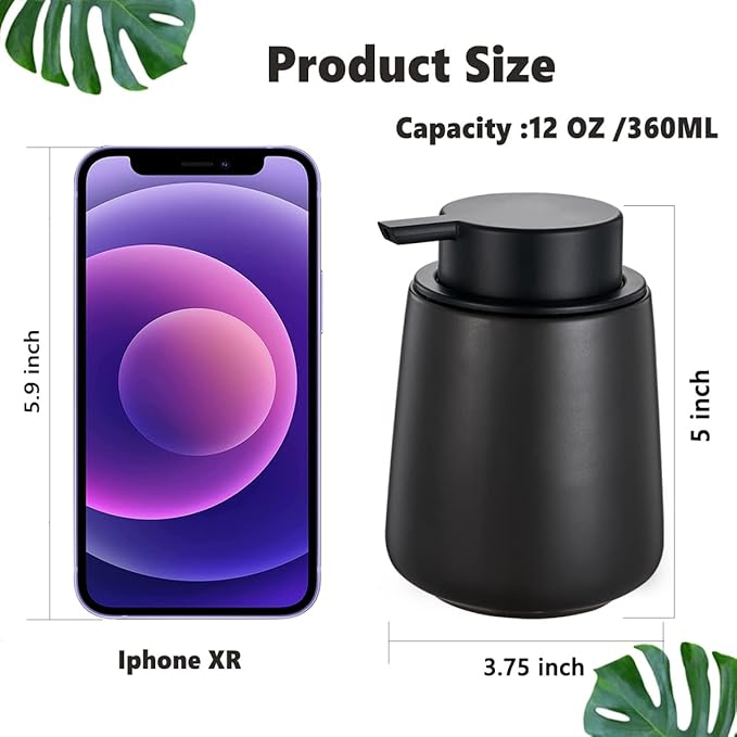12Oz Black Soap Dispenser - Modern Ceramic Lotion Hand Soap Dispenser with Easy-to-Press Black Pump, Reusable and Refillable Liquid Dish Soap Dispensers for Bathroom & Kitchen
