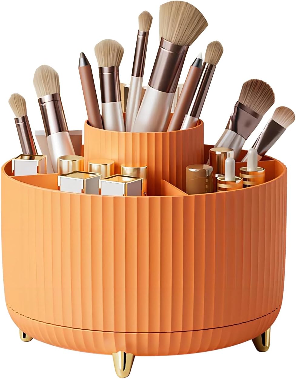 DASITON Large Capacity Makeup Brush Holder,360° Rotating Makeup Organizer,5 Slot Makeup Brushes Cup,for Vanity Decor,Bathroom Countertops,Desk Storage Container,Cosmetic Display cases(Orange)