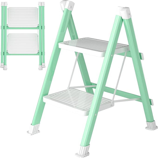 2 Step Ladder, Folding Step Stool with Anti-Slip Wide Pedal, Anti-Slip Feet, Sturdiest Steel Construction, Steel Ladder for Home and Office, Green White
