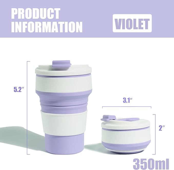 Collapsible Cup for Traveling, 12Oz Collapsible Silicone Travel Cup for Hot and Cold Drinks, Leak Proof Reusable Folding Travel Coffee Mug for Camping & Hiking, Purple