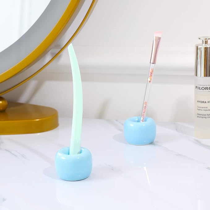 AirMoon Mini Ceramic Toothbrush Holder for Bathroom - Blue Small Countertop Organizer, Easy Clean Toothbrush Stand, Suit for Electric Toothbrush Head, Pens & Coffee Spoon, Pack of 2