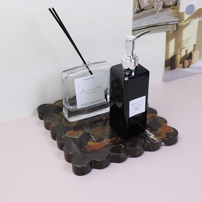 Square Marble Decorative Tray with Scalloped Edge, Luxury Natural Stone Bathroom Vanity Tray, Dresser Top Perfume Coffee Home Kitchen Sink Tray, Key Trinket Ring
