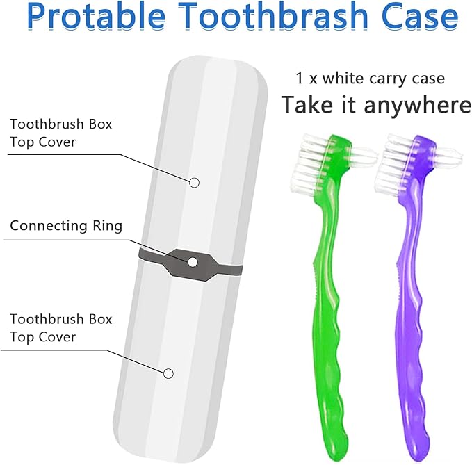 2-Piece Denture Cleaning Brush Set - Multi-Layered Bristles False Toothbrush with Ergonomic Handle and White Carrying Case for Fake Teeth Cleaning, Travel-Sized Oral Care Tool (Green&Purple, One Size)