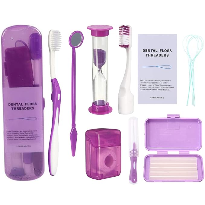 Braces Cleaning Kit for Teeth, Portable Orthodontic Toothbrush Kit Oral Care Dental Travel Kit - Interdental Brush Dental Wax Dental Floss Toothbrush Box (Purple B)