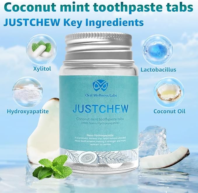 Toothpaste Tablets - Nano Hydroxyapatite,Fluoride & Plastic Free, Eco & Travel Friendly，Natural Whitening Toothpaste - Remineralize with NHA （1 Bottle / 1 Month-Coconut Mint）