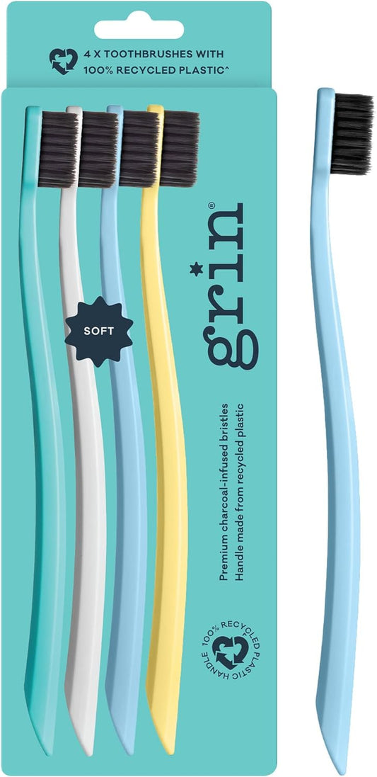 Grin Charcoal-Infused 100% Recycled Toothbrush, Soft, 4 Count, Summer Beach, Suitable for Sensitive Teeth and Gums