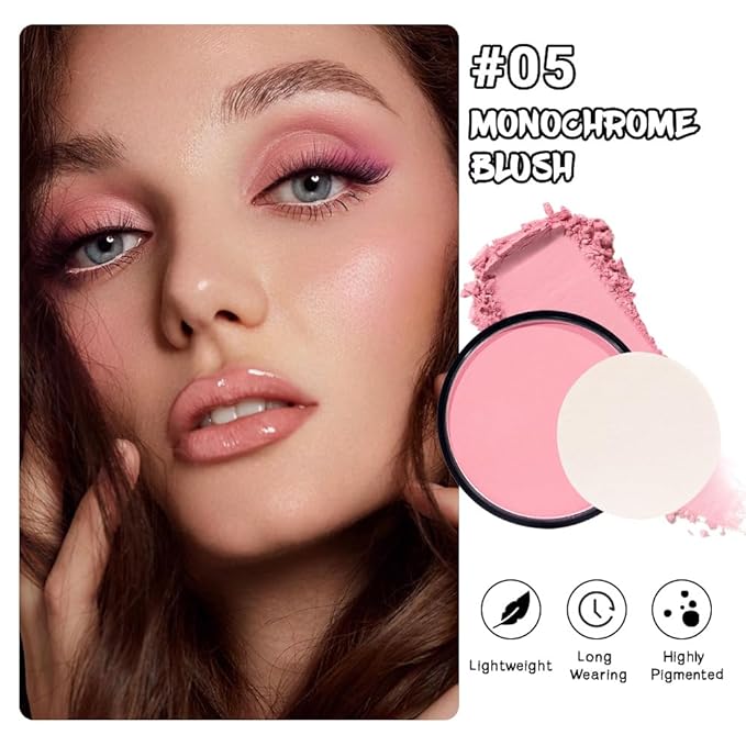 Natural Single Matte for Face Cheeks Blush with Makeup Powder Puff, Nude Pink Monochrome Blush Cream Powder Makeup Palette Blushes Long-lasting Color Blendable Foundation for Women Every Day 05
