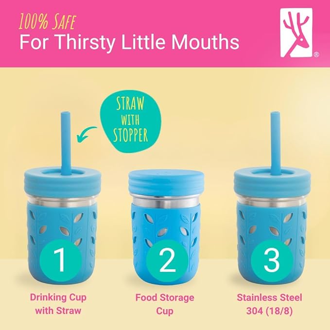 Elk and Friends 14oz Stainless Steel Kids + Toddler Drinking Cups | The Original Mason Jar with Sleeves + Lids | Silicone Straws | Smoothies | Storage Jar | Spill Resistant | Dishwasher Safe | 4 Pack