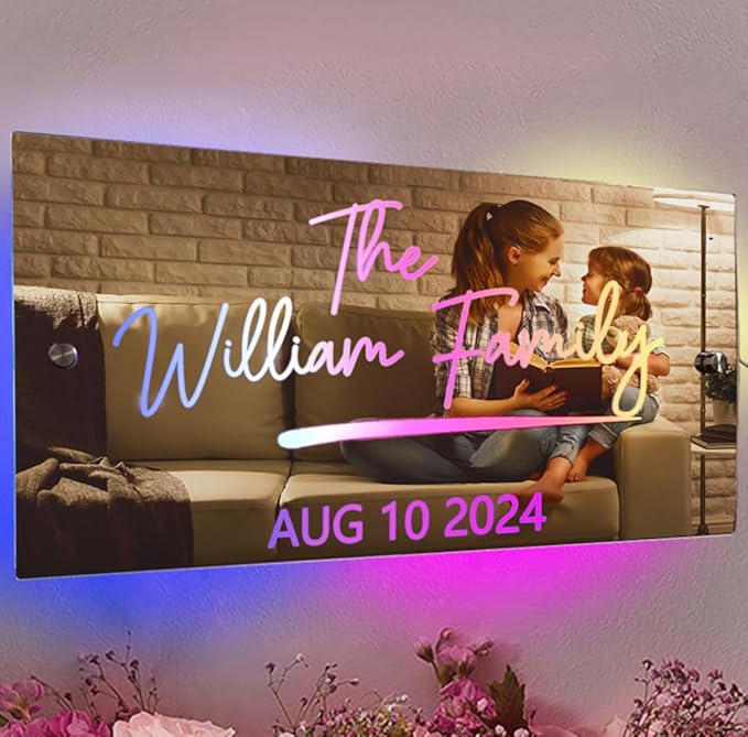 Custom LED Light Up Mirror - Multi Colour Lighting, Personalized Family Name Sign, Wall Decor for Bedroom