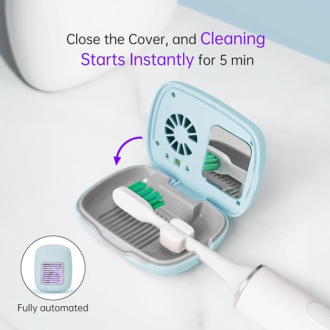 Toothbrush Holder, Toothbrush Cleaner Case, Portable USB Charging Toothbrush Cover with U V-C Light, Travel Toothbrush Holder (Blue-Fan)
