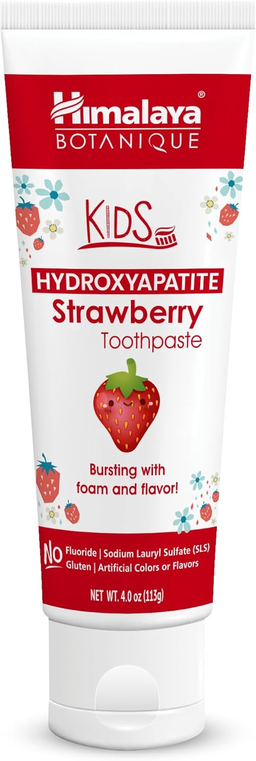 Himalaya Botanique Kids Hydroxyapatite Toothpaste, Strawberry Flavor - Nano Hydroxyapatite to Support Remineralization and Restore Enamel, Fluoride-Free, Vegan, Gluten Free, 4 oz