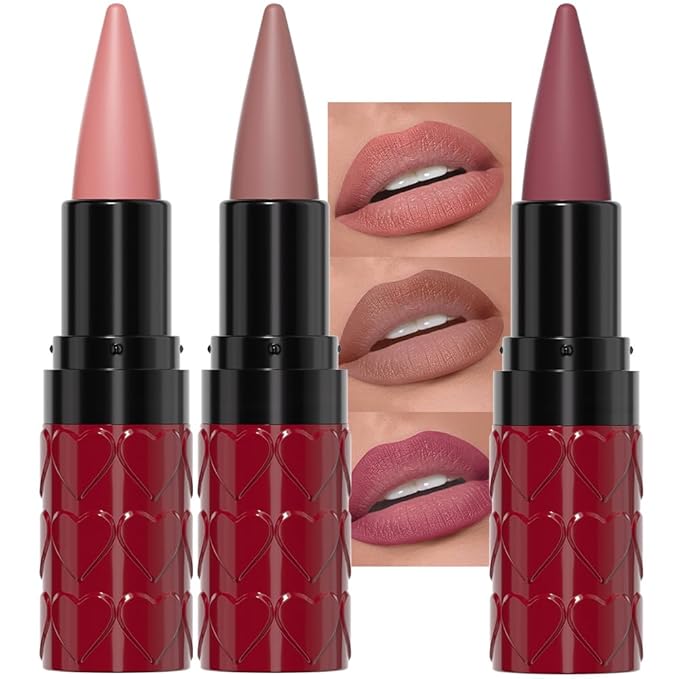 evpct 3Pcs Warm Pink Real Nude Mauve Gradient Matte Lipstick Lip Liner Combo Set for Older Women Long Lasting Waterproof, Lips Stick Crayon Cream Lip Liner Lipstick Combo Makeup, Flawless Ombre Effect