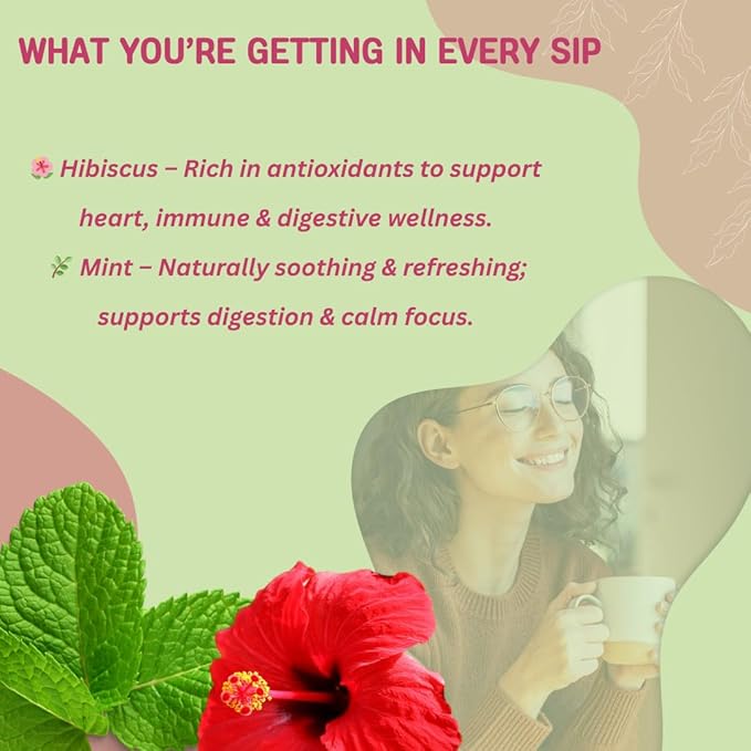 Hibiscus Mint Herbal Tea – 30 Tea Bags – Caffeine-Free, Antioxidant-Rich Blend for Heart, Immune & Digestive Support – Refreshing Herbal Infusion