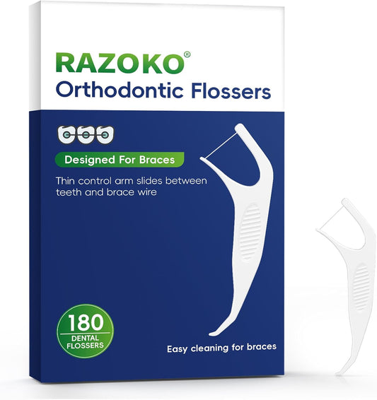 RAZOKO Orthodontic Flossers for Braces, Ortho Dental Floss Picks for Adults & Kids, Premium Thin Floss,Designed for Braces, Unflavored 180 Count