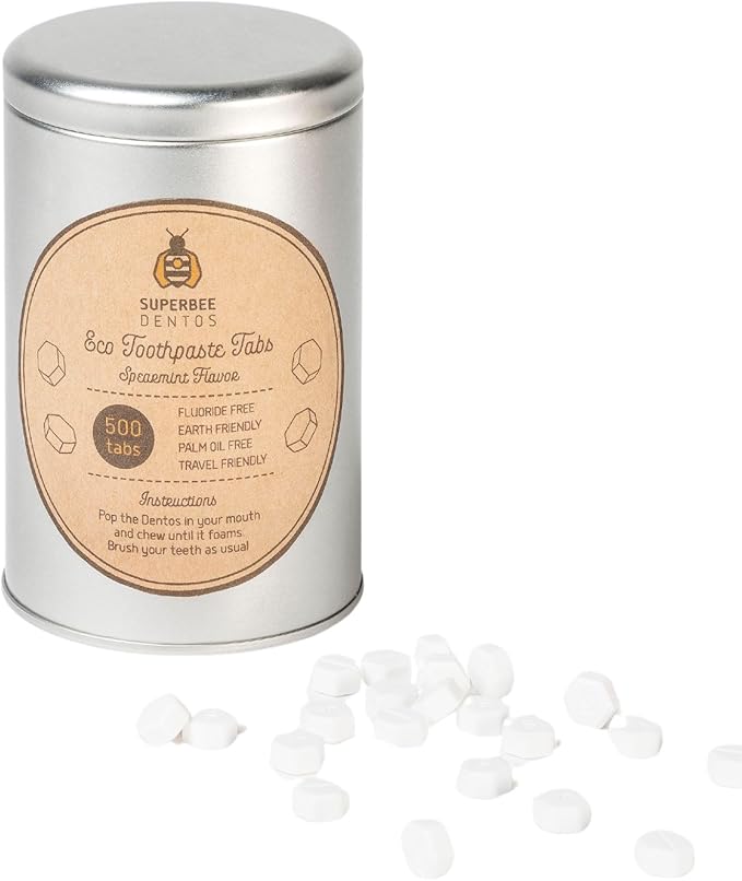 SuperBee Dentos Toothpaste Tablets, 500 Tabs, Fluoride Free & Eco Friendly, Travel Mouthwash Tablets, Sensitive Bites for Kids and Adults, Chewable Tablet, Spearmint