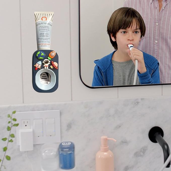 Automatic Kid Toothpaste Dispenser Wall Mounted for Bathroom,Toothpaste Squeezer for Kids & Family Shower by Mr. Thumbs (2pc,Astronaut& Unicorn)