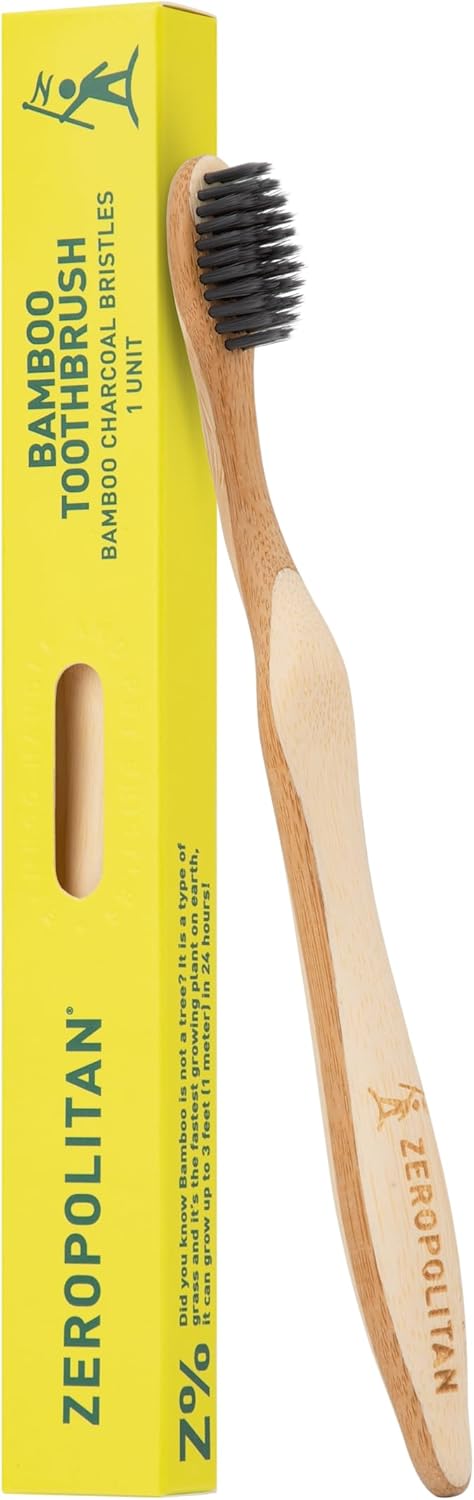 Bamboo Toothbrushes with Soft Charcoal Bristles 1 Unit - Ergonomic Handle Wooden Toothbrushes - Eco Friendly, Low Waste and Biodegradable Toothbrushes