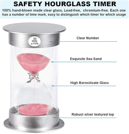 Hourglass Timer Sand Clock 30 Minute: Silver Plastic Sand Watch 30 Min, Hour Glass Sandglass Timer for Kids, Games, Classroom, Kitchen, Decoration (Pink Sand)