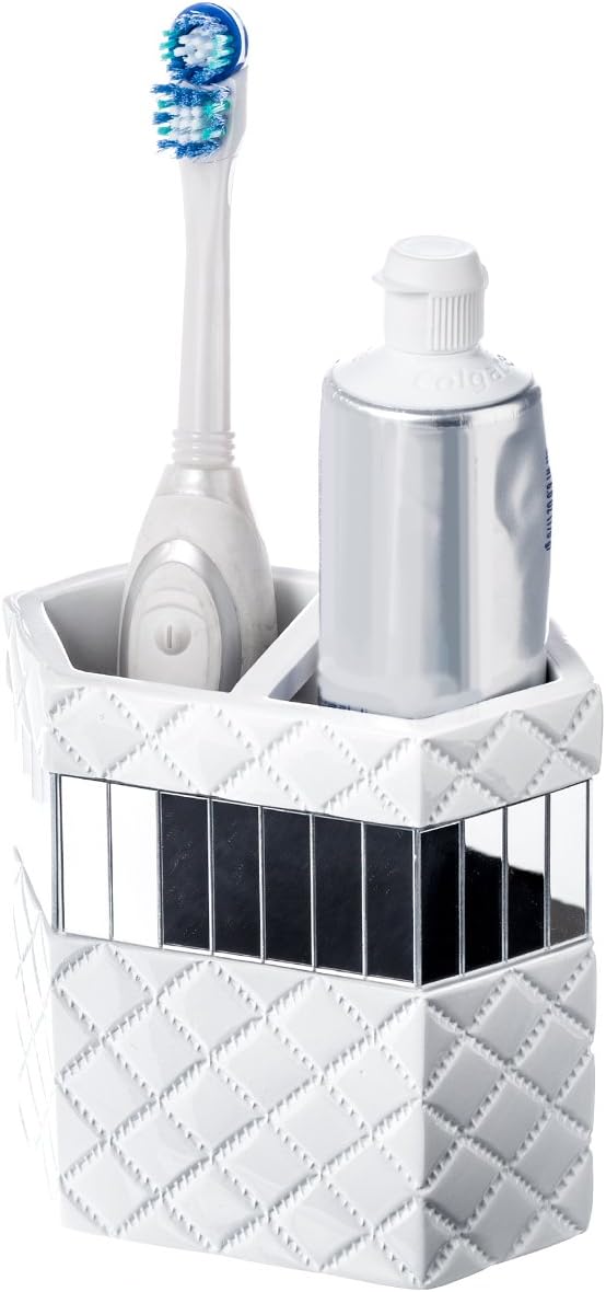 Creative Scents Quilted Mirror White Toothbrush Holder – Bathroom Toothbrush Organizer - Decorative Toothbrush and Toothpaste Holder for Bathroom Holds Multiple Toothbrushes and Paste