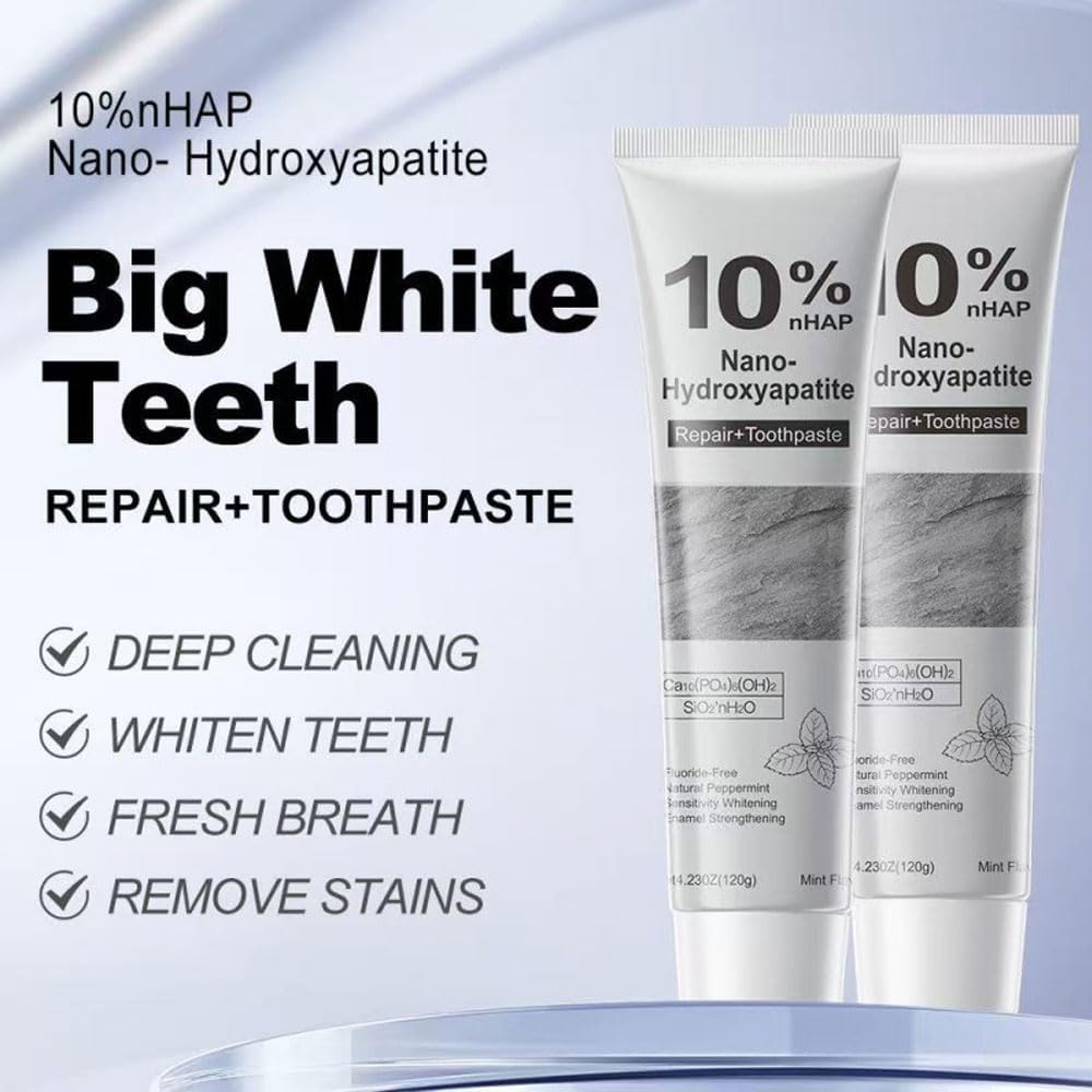 10% Hydroxyapatite Toothpaste for Advanced Enamel Repair & Sensitivity Relief, Fluoride-Free, Fresh Mint, Gentle Daily Toothpaste for Whitening & Fresh Breath (2-Pack)