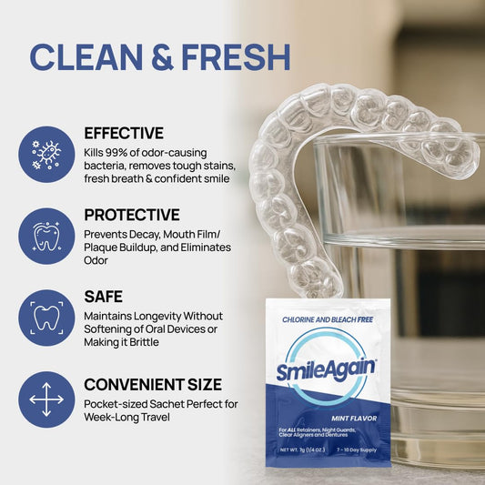 SmileAgain Retainer Cleaner - 180-220 Cleanings 22 Pack/6 Month Supply - for Clear Aligners, Dentures, Mouth Guards & Night Guards - Our Oral Appliance Cleaner & Denture Care Powder - Mint Flavored