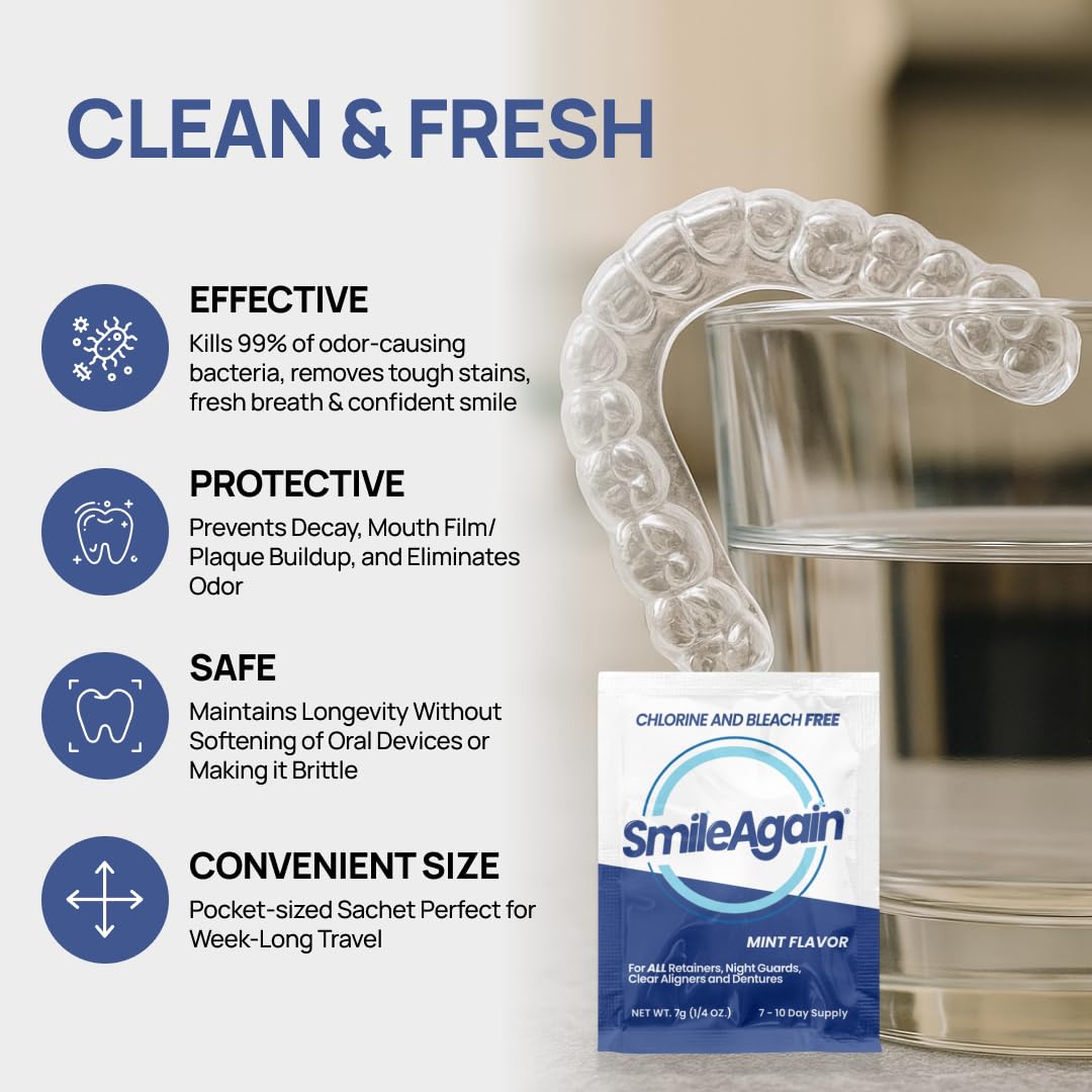 SmileAgain Retainer Cleaner - 90-120 Cleanings 12 Pack/3 Month Supply - for Clear Aligners, Dentures, Mouth Guards & Night Guards - Our Oral Appliance Cleaner & Denture Care Powder - Mint Flavored