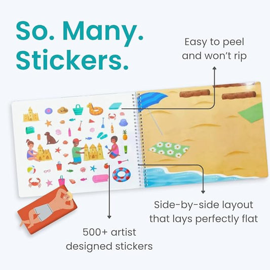 CUPKIN Sticker Book for Kids 2-4, 500+ Kids Stickers, Beach Day 12 Coloring Pages 12 Side by Side Scenes, Fun Toddler Travel Activity Coloring and Sticker Books for Children Ages 4-8 + 8-10