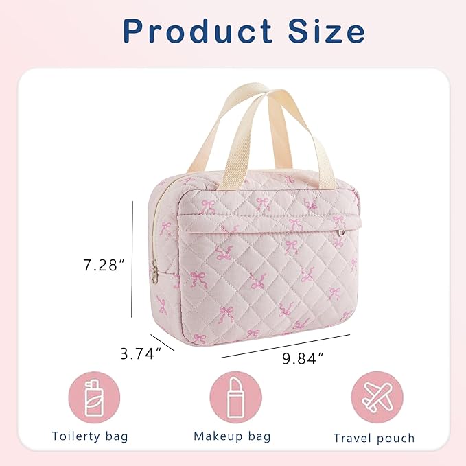 Large Size Quilted Coquette Makeup Bag, Cute Preppy Floral Cotton Travel Cosmetic Organizer Bag with Top Handle, Multi-Layer Travel Toiletry Pouch for Girls(06Small Pink Bow)