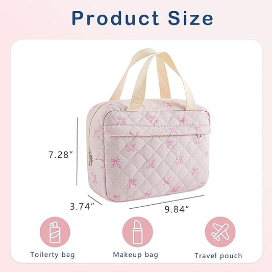 Large Size Quilted Coquette Makeup Bag, Cute Preppy Floral Cotton Travel Cosmetic Organizer Bag with Top Handle, Multi-Layer Travel Toiletry Pouch for Girls(06Small Pink Bow)