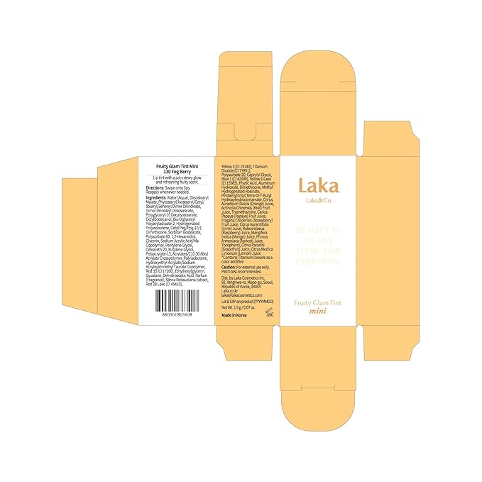 Laka Fruity Glam Lip Tint Mini, 1.9g/0.07oz, Glowing Lip Stain with Wide Color Spectrum, Hydrating & Lightweight Texture, Long-Lasting Bold Stain, Non-Sticky, Vegan, K-Beauty (#130 Fog Berry)