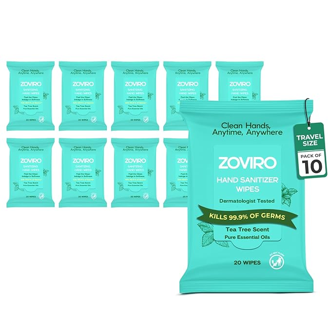 Zoviro Hand Sanitizer Wipes, Moisturizing With Tea Tree Essential Oil, Ultra-Soft 100% Viscose, Hand Wipes Travel Size, Tea Tree Scent, 20 Count (Pack of 10)