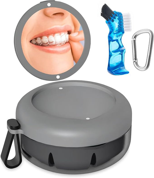 Denture Bath Case, Denture Cup, Leak Proof Portable Retainer Case, Denture Cleaning Kit with Cleaner Brush, Denture Box with Strainer & Mirror, Denture Case for Aligner Retainer Mouth Guard (Gray)