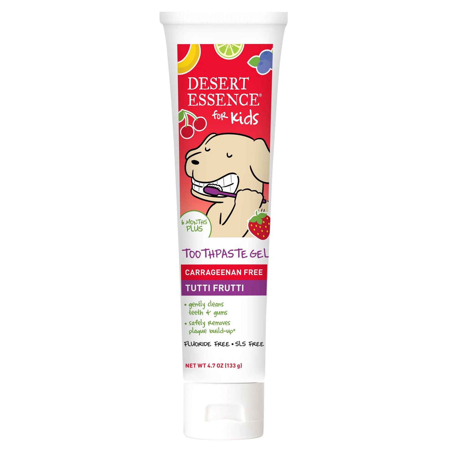 Desert Essence Fluoride-Free Toothpaste Gel for Kids - Tutti Frutti Flavor - Safe for Toddlers and Babies - Gluten-Free, SLS-Free, Non-Fluoride - Safe to Swallow with Xylitol and Aloe, 4.7oz
