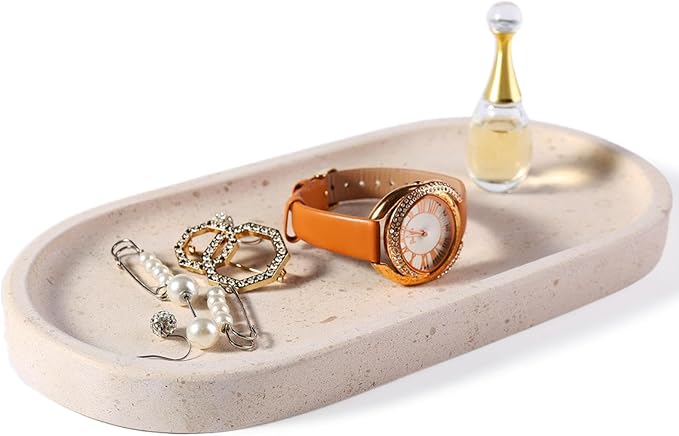 Koville Natural Marble Tray for Bathroom, Vanity Decorative Marble Trays for Countertop Organizer, Catchall Trays for Perfume, Candles, Jewelry, Stone Tray for Decor(Moca Crema Yellow)